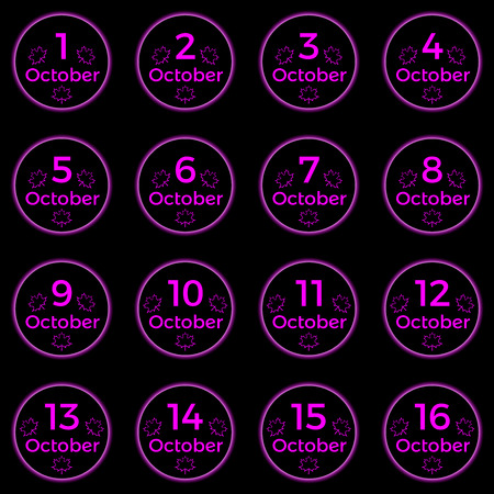 October date, date collection of October in magenta color, black button with magenta neon light and october date. Part 1のイラスト素材
