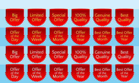 Offer ribbon set, ribbon banner, red ribbon bookmark, vector quality label. Big offer, limited offer, special offer, genuine quality, best quality, hundred percent.のイラスト素材