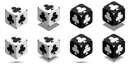 Cube with card club in black and white colors, isometric cube with card suit on sides, vector icon of playing clubのイラスト素材