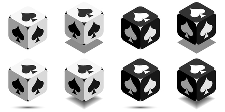 Cube with card spade in black and white colors, isometric cube with card suit on sides, vector icon of playing spadeのイラスト素材