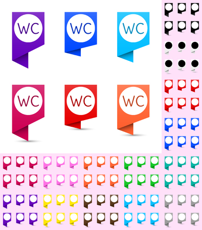 Map marker or pointer, angular marker mock up with a white background in different colors. Ready marker template for your various icons. WC icon is shown as an example.のイラスト素材