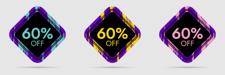 60% Off Discount Sticker. 60% Off Sale and Discount Price Banner. Vector Frame with Grunge and Price Discount Offerのイラスト素材