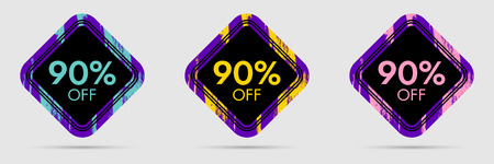 90% Off Discount Sticker. 90% Off Sale and Discount Price Banner. Vector Frame with Grunge and Price Discount Offerのイラスト素材