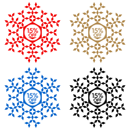 15% Off Discount Sticker. Snowflake Banner or Sticker with 15% Off Sale in Red, Blue, Golden and Black color. Winter Sales and Christmas Discountsのイラスト素材