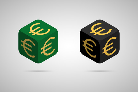 Euro. Green and Black Euro Cube. Isometric Cube with Golden Euro Sign on the Sides. Isolated Cubic Figure with Shadowのイラスト素材