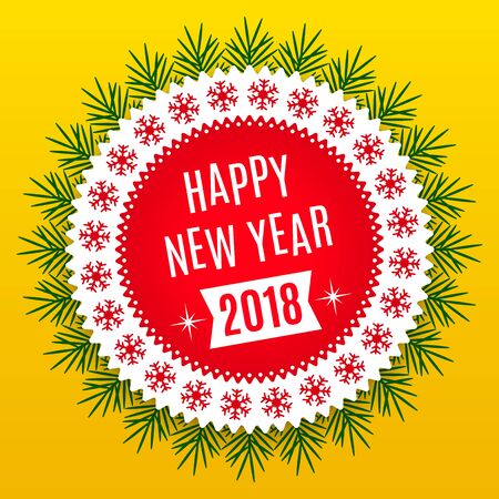 New Year 2018. Holiday Round Banner of Happy New Year 2018 in Red, White and Yellow Color. Vintage Greeting Badge with Spruce Branchesのイラスト素材