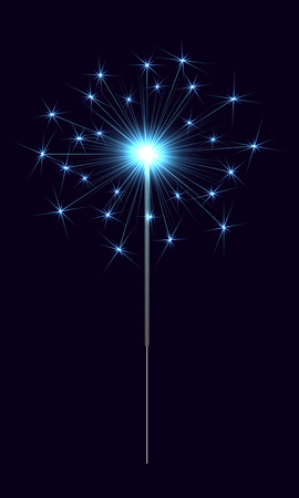 Vector Bengal Sparkler. Bengal Candle with Bright Blue Sparkler on the Dark Backgroundのイラスト素材