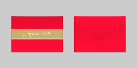 Decorative Red Envelope. Vector Mock up of Envelop with Inscription Surprise Inside, Backside View and Frontside Viewのイラスト素材