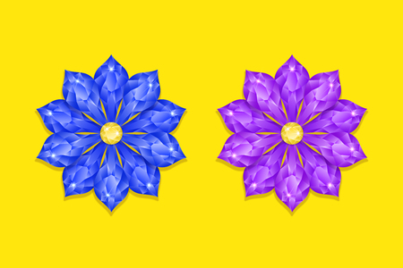 Blue and Purple Diamond Flower. Vector Illustration of Abstract Brilliant Flower with Shiny Glares, on the Yellow Background. Luxury Jewelry Flower with Shadowのイラスト素材