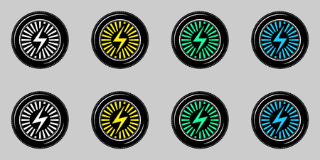 Black wheel with electric sign vector stylized icon, wheel of electric car on the gray background. Symbol of car industry and ecological energy first collection.のイラスト素材