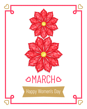 Greeting Card with 8 March. Vector Holiday Banner of International Women's Day in Red, Golden and White Colors. The Eight consisting of Red Diamond Flowersのイラスト素材