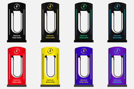 Charge Station for Electric Car. Vector Illustration of Electric Charge Station in Different Colors. Version 2のイラスト素材