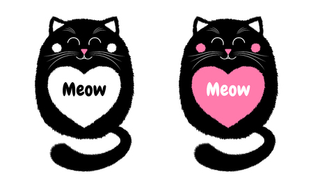 Vector Black Cat in Cartoon Style. Funny Illustration of Sitting Black Kitten with Closed Eyes, with White and Pink Heart-spot and Inscription Meow. Cute Thick Catのイラスト素材