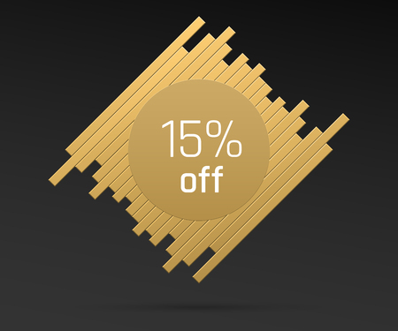 Sale banner with 15 percent off. Offer of price discount on figure consisting of bars with black and gold color, on black background.のイラスト素材