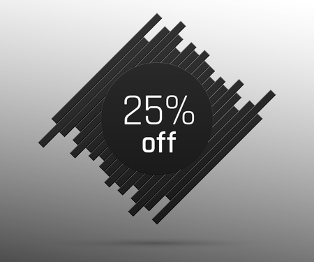 Sale banner with 25 percent off. Offer of price discount on figure consisting of bars with metallic black color, on the silver background.のイラスト素材