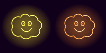 Yellow and orange neon cloud with smile. Vector illustration of neon cloud consisting of outline, with backlight on the dark backgroundのイラスト素材
