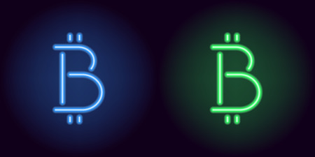 Blue and green neon bitcoin sign. Vector silhouette of neon bitcoin currency consisting of outlines, with backlight on the dark backgroundのイラスト素材