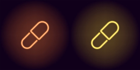 Orange and yellow neon medicine pill. Vector silhouette of neon pill consisting of outline, with backlight on the dark backgroundのイラスト素材