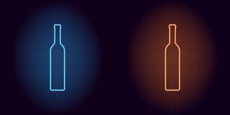 Blue and orange neon wine bottle vector silhouette of neon bottle consisting of outline, with back light on the dark background.のイラスト素材