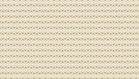 Golden geometric pattern. Seamless golden pattern with round lines in horizontal zigzag shape and rhombuses on the white background.のイラスト素材