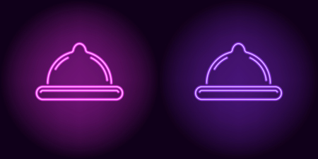 Neon condom in purple and violet color. Vector illustration of neon condom consisting of outlines, with backlight on the dark backgroundのイラスト素材