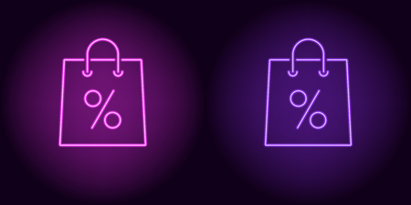 Neon shopping bag in purple and violet color. Vector illustration of shopping bag with percent consisting of neon outlines, with backlight on the dark backgroundのイラスト素材