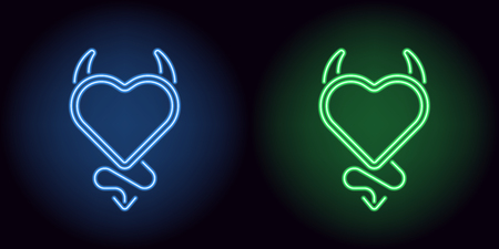 Neon devil heart in blue and green color. Vector illustration of devil heart with horns and tail, with backlight on the dark backgroundのイラスト素材