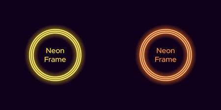 Neon circle frame in yellow and orange color. Vector template of neon frame consisting of three outlines, with soft backlight on the dark backgroundのイラスト素材