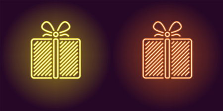 Neon icon of Yellow and Orange Gift Box. illustration of Neon Holiday Gift consisting of neon outlines, with backlight on the dark backgroundのイラスト素材