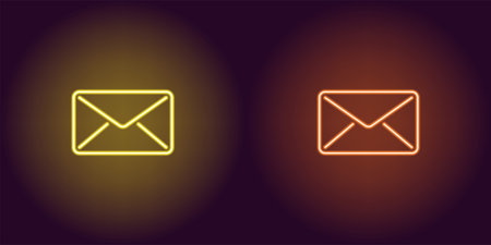 Neon icon of Yellow and Orange Mail. illustration of Neon Mail Envelope consisting of neon outlines, with backlight on the dark backgroundのイラスト素材