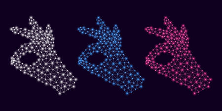 Computer Hand with line Connections, Plexuses and Knots. Vector illustration of Digital Hand Projection with gesture of Okay. Silhouette with Thin lines and Glowing knotsのイラスト素材