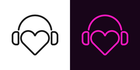 Heart with headphones in outline style. Vector illustration of DJ heart icon with headphones in black and purple color. Isolated graphic element for decoration of Musical festival or Radio showのイラスト素材