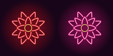 Neon lotus with backlight in red and pink color. Vector illustration of Lotus flower icon in glowing neon style. Illuminated graphic element for decorationのイラスト素材