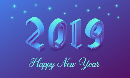New Year 2019 in Isometric style. Vector isometric illustration of number 2019 in blue gradient with greeting inscription of Happy New Year. Holiday bannerのイラスト素材