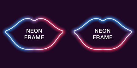 Neon frame in lips shape. Vector template of neon border in blue and red color, creative glowing lips in outline. Modern background for design of banner and billboard, poster and coverのイラスト素材