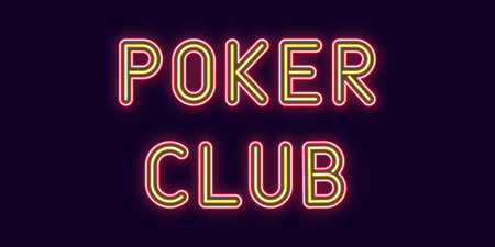 Neon inscription of Poker Club. Vector illustration, neon Text of Poker Club with glowing backlight, Red and Yellow colors. Isolated graphic element on the dark background for designのイラスト素材