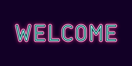 Neon inscription of Welcome. Vector illustration, neon Text of Welcome with glowing backlight, Pink and Turquoise colors. Isolated graphic element on the dark background for designのイラスト素材