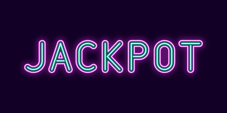 Neon inscription of Jackpot. Vector illustration, neon Text of Jackpot with glowing backlight, Purple and Turquoise colors. Isolated graphic element on the dark background for designのイラスト素材
