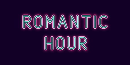 Neon inscription of Romantic Hour. Vector illustration, neon Text of Romantic Hour with glowing backlight, Pink and Turquoise colors. Isolated graphic element on the dark background for designのイラスト素材