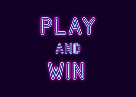 Neon inscription of Play and Win. Vector illustration, neon Text of Play and Win with glowing backlight, Purple and Blue colors. Isolated graphic element on the dark background for designのイラスト素材