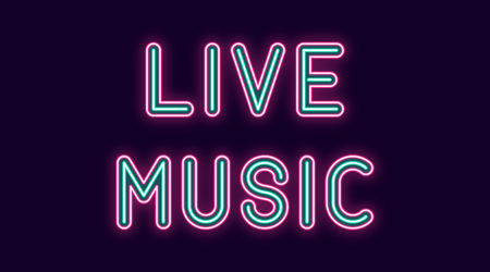 Neon inscription of Live Music. Vector illustration, neon Text of Live Music with glowing backlight, Pink and Turquoise colors. Isolated graphic element on the dark background for designのイラスト素材