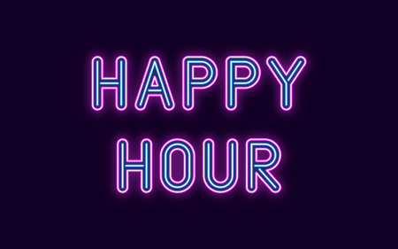 Neon inscription of Happy Hour. Vector illustration, neon Text of Happy Hour with glowing backlight, Purple and Blue colors. Isolated graphic element on the dark background for designのイラスト素材