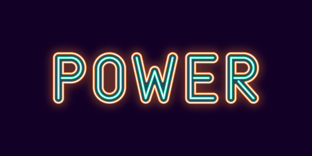 Neon inscription of Power. Vector illustration, neon Text of Power with glowing backlight, Orange and Turquoise colors. Isolated graphic element on the dark background for designのイラスト素材