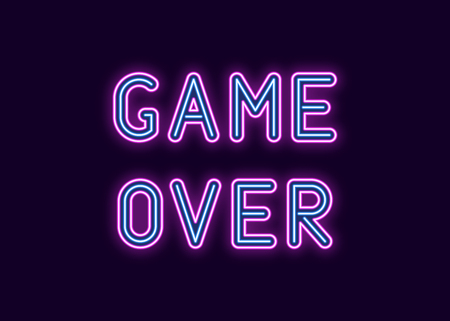 Neon inscription of Game Over. Vector illustration, neon Text of Game Over with glowing backlight, Purple and Blue colors. Isolated graphic element on the dark background for designのイラスト素材