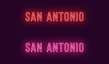 Neon name of San Antonio city in USA. Vector text of San Antonio, Neon inscription with backlight in Thin style, red and pink colors. Isolated glowing title for decoration. Without overlay modeのイラスト素材