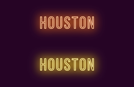 Neon name of Houston city in USA. Vector text of Houston, Neon inscription with backlight in Thin style, orange and yellow colors. Isolated glowing title for decoration. Without overlay modeのイラスト素材