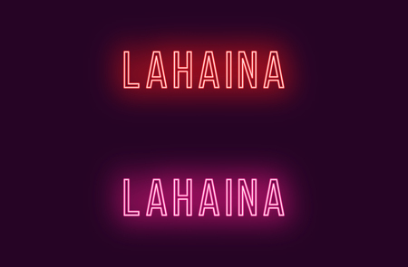Neon name of Lahaina town in Hawaii. Vector text of Lahaina, Neon inscription with backlight in Thin style, red and pink colors. Isolated glowing title for decoration. Without overlay modeのイラスト素材