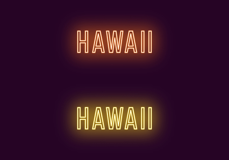Neon name of Hawaii state in USA. Vector text of Hawaii, Neon inscription with backlight in Thin style, orange and yellow colors. Isolated glowing title for decoration. Without overlay modeのイラスト素材