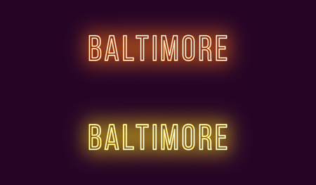 Neon name of Baltimore city in USA. Vector text of Baltimore, Neon inscription with backlight in Thin style, orange and yellow colors. Isolated glowing title for decoration. Without overlay modeのイラスト素材