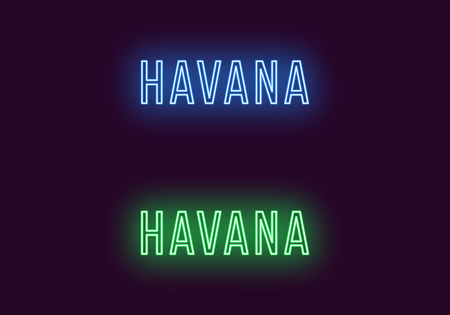 Neon name of Havana city in Cuba. Vector text of Havana, Neon inscription with backlight in Thin style, blue and green colors. Isolated glowing title for decoration. Without overlay modeのイラスト素材